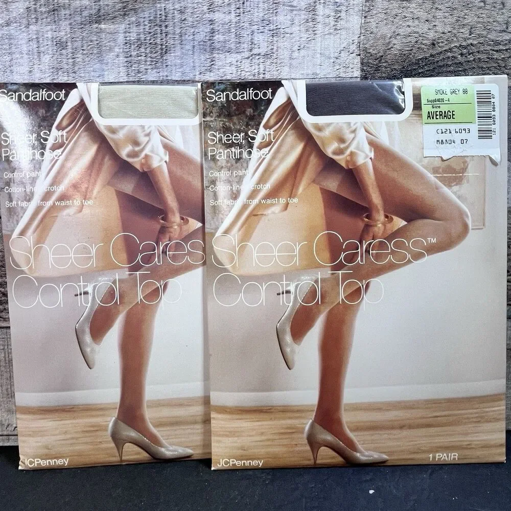 2 Average Size JCPenney Sheer Caress Sandalfoot Pantry Hose Smokey Grey Bone